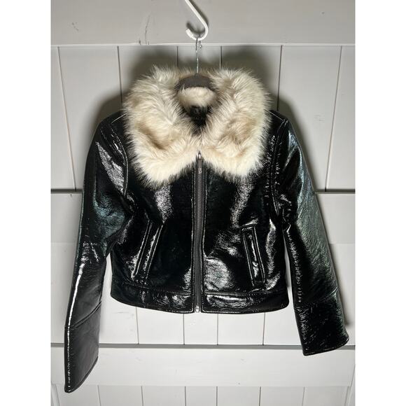 Unreal Fur Wet Look Black Aviator Jacket Size M NEW - Picture 5 of 11